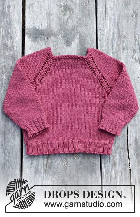 Cherry Cuddler / DROPS Children 30-14 - Gestrickter Pullover mit Raglanärmeln und Zopfmuster für Kinder, gestrickt von oben nach unten. Größe 2 - 12 Jahre. Die Arbeit wird gestrickt in DROPS Merino Extra Fine.