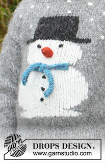 Frosty's Christmas Kids / DROPS Children 30-28 - Lapsen neulottu lumiukkokuviollinen pusero / joulupusero. Koot 2 - 12 vuotta.
Työ neulotaan DROPS Air-langasta.