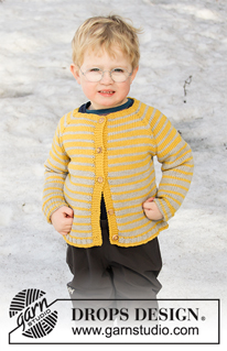 Sunny Day Stripes Jacket / DROPS Children 32-14 - Gilet enfant tricoté de haut en bas en DROPS Merino Extra Fine, avec emmanchures raglan et rayures. Du 2 au 12 ans.