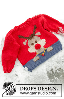 Red Nose Jumper Kids / DROPS Children 32-18 - Stickad jultröja till barn i DROPS Nepal. Tröjan är stickad med en ren. Storlek 2 - 12 år. Tema: Jul.