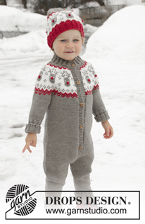 Run Run Rudolph / DROPS Children 32-3 - Strikket heldress til barn med rundfelling i DROPS Merino Extra Fine. Arbeidet er strikket ovenfra og ned med nordisk mønster. Størrelse 12 mnd – 6 år