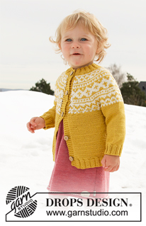 Little Missy Jacket / DROPS Children 32-8 - Chaqueta de punto para bebés y niños con canesú redondo en DROPS Lima. La pieza está tejida de arriba para abajo con patrón de jacquard nórdico. Tallas 12 meses – 12 años.