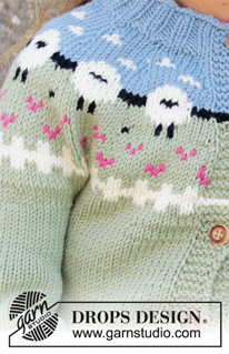 Lamb Dance / DROPS Children 34-1 - Strikket jakke til barn i DROPS Merino Extra Fine eller DROPS Lima. Arbeidet er strikket ovenfra og ned med sauer, fargemønster, vrangborder og glattstrikk. Størrelse 3-12 år.