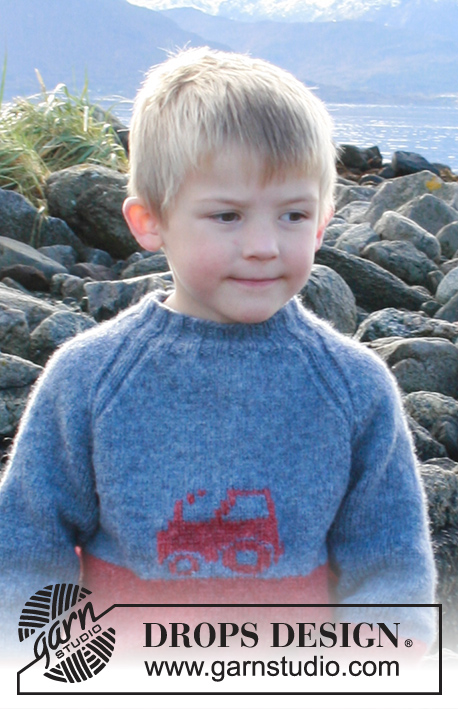 Tiny Trucker / DROPS Children 34-15 - Knitted jumper with raglan and embroidered tractor for children in DROPS Sky. Sizes 2-12 years.