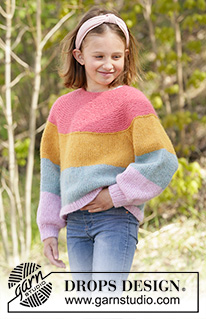 Candy Bar Jumper / DROPS Children 34-23 - Dětský pruhovaný raglánový pulovr s kruhovým sedlem pletený shora dolů z příze DROPS Air, DROPS Nepal nebo DROPS Paris. Velikost 1-10 let.
