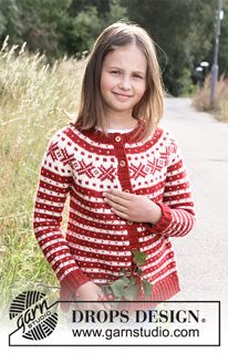 Candy Cane Lane Kids Jacket / DROPS Children 34-31 - Gestrickte Jacke für Kinder mit nordischem Fana Muster in DROPS Karisma oder DROPS Lima. Die Arbeit wird von oben nach unten gestrickt. Größe 2-12 Jahre.