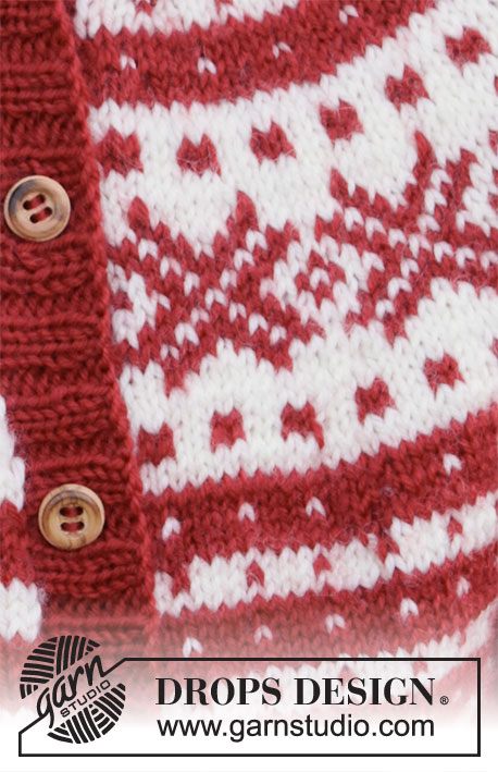Candy Cane Lane Kids Jacket / DROPS Children 34-31 - Gestrickte Jacke für Kinder mit nordischem Fana Muster in DROPS Karisma oder DROPS Lima. Die Arbeit wird von oben nach unten gestrickt. Größe 2-12 Jahre.