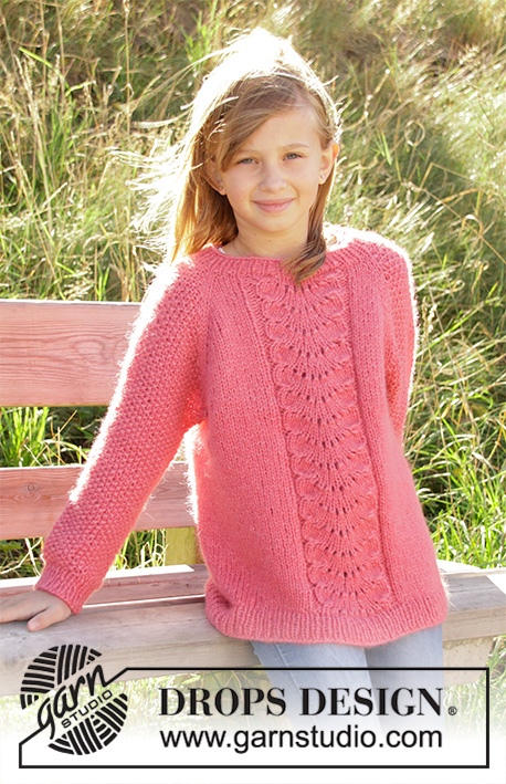 Clover / DROPS Children 34-4 - Knitted jumper for children in DROPS Air or DROPS Paris. The piece is worked top down with lace pattern and raglan. Sizes 2-12 years.