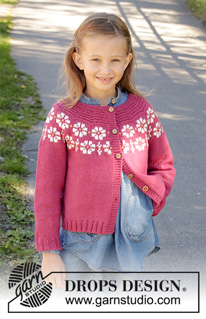 Daisy Delight Cardigan / DROPS Children 34-5 - Knitted jacket for children in DROPS Merino Extra Fine. DROPS Lima or DROPS Cotton Light. The piece is worked top down with flowers, coloured pattern, garter stitch and stocking stitch. Sizes 3-12 years.