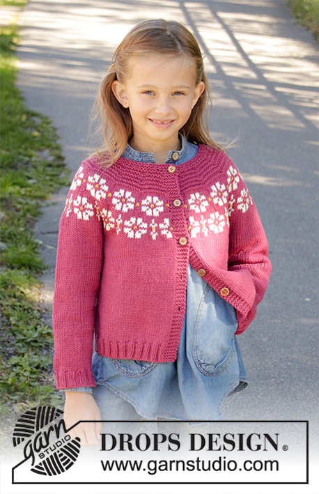 Daisy Delight Cardigan / DROPS Children 34-5 - Knitted jacket for children in DROPS Merino Extra Fine. DROPS Lima or DROPS Cotton Light. The piece is worked top down with flowers, coloured pattern, garter stitch and stocking stitch. Sizes 3-12 years.