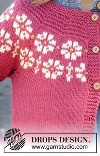 Daisy Delight Cardigan / DROPS Children 34-5 - Knitted jacket for children in DROPS Merino Extra Fine. DROPS Lima or DROPS Cotton Light. The piece is worked top down with flowers, coloured pattern, garter stitch and stocking stitch. Sizes 3-12 years.