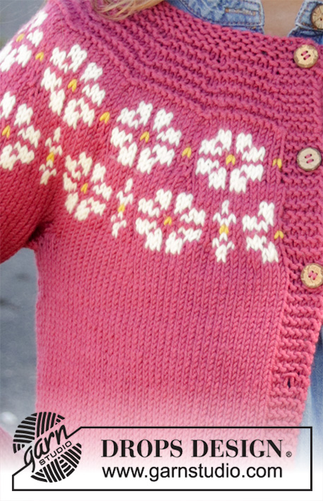 Daisy Delight Cardigan / DROPS Children 34-5 - Knitted jacket for children in DROPS Merino Extra Fine. DROPS Lima or DROPS Cotton Light. The piece is worked top down with flowers, coloured pattern, garter stitch and stocking stitch. Sizes 3-12 years.