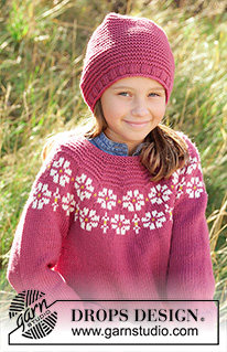 Daisy Delight / DROPS Children 34-7 - Knitted jumper for children in DROPS Merino Extra Fine, DROPS Lima and DROPS Cotton Light. The piece is worked top down with flowers, coloured pattern, garter stitch and stocking stitch. Sizes 3-12 years.