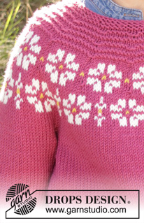 Daisy Delight / DROPS Children 34-7 - Knitted jumper for children in DROPS Merino Extra Fine, DROPS Lima and DROPS Cotton Light. The piece is worked top down with flowers, coloured pattern, garter stitch and stocking stitch. Sizes 3-12 years.