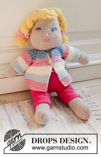 Daytime Cora / DROPS Children 35-13 - Knitted jacket and trousers for dolls in DROPS Merino Extra Fine. The piece is worked top down. The jacket has raglan, garter stitch and stripes; The trousers are worked in stocking stitch.