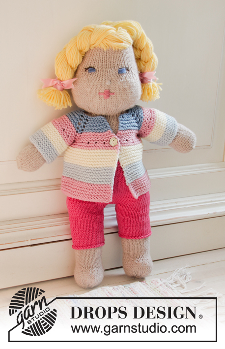 Daytime Cora / DROPS Children 35-13 - Knitted jacket and trousers for dolls in DROPS Merino Extra Fine. The piece is worked top down. The jacket has raglan, garter stitch and stripes; The trousers are worked in stocking stitch.