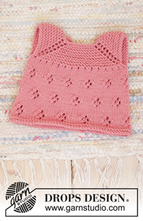Summer Cora / DROPS Children 35-14 - Vestido a punto para la muñeca en DROPS Merino Extra Fine. La prenda está  realizada de arriba abajo con raglán, patrón de calados y punto musgo.