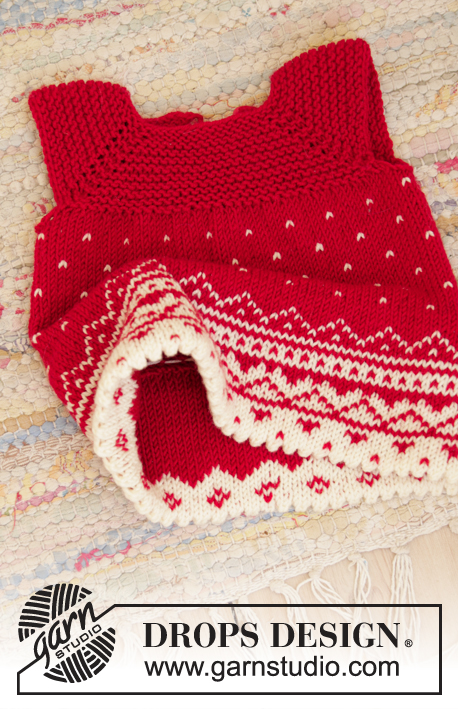Christmas Cora / DROPS Children 35-15 - Strikket kjole til dukke i DROPS BabyMerino. Arbeidet er strikket ovenfra og ned med raglan, nordisk mønster og riller.