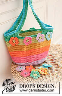 Flower Market Bag / DROPS Children 35-6 - Crocheted bag for children in DROPS Paris. The piece is worked in the round, bottom up, with stripes and flowers.