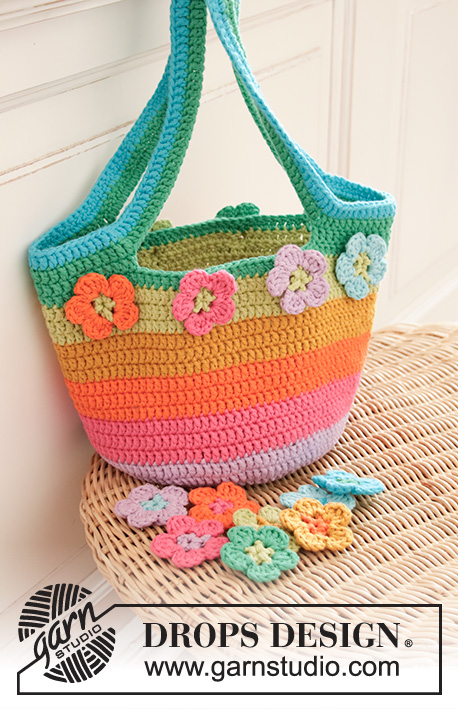 Flower Market Bag / DROPS Children 35-6 - Crocheted bag for children in DROPS Paris. The piece is worked in the round, bottom up, with stripes and flowers.