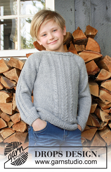 Cable Road / DROPS Children 37-10 - Strikket genser til barn med fletter og raglan i 2 tråder DROPS Alpaca. Størrelse 3-12 år.