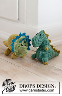 Tracy the Triceratops / DROPS Children 37-22 - Crocheted triceratops dinosaur in DROPS Merino Extra Fine. The piece is worked from
nose to tail without a seam. Theme: Soft toys.