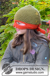 Pizza Ninja / DROPS Children 37-24 - Gorro-Ninja a ganchillo con máscara para niños en DROPS Snow. Tallas 1 – 8 años. Tema: Halloween.