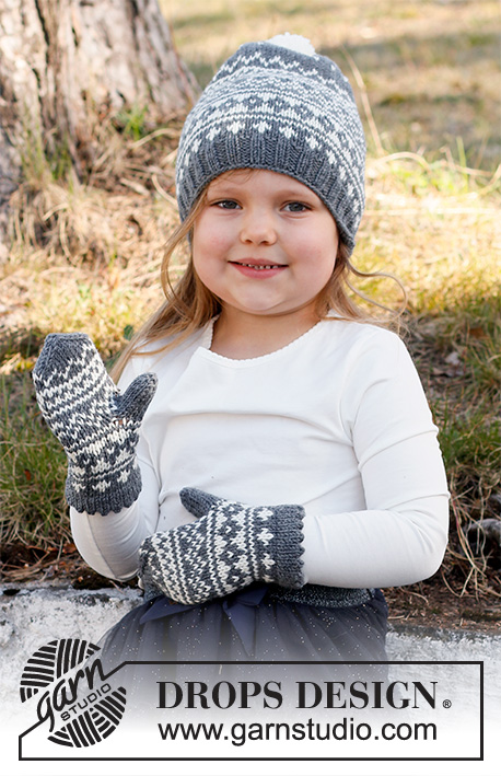 North Star Set / DROPS Children 37-3 - Strikket hue og vanter til børn i DROPS Merino Extra Fine. Hele sættet strikkes med nordisk mønster. Størrelse 2 – 12 år.