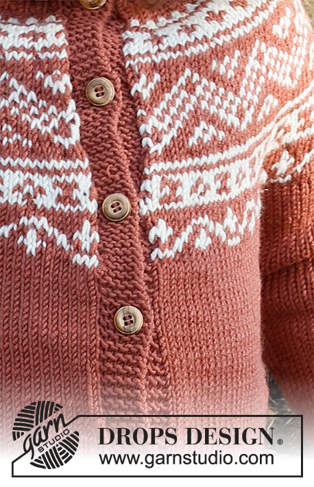 Lillesand / DROPS Children 37-6 - Chaqueta de punto para niños en DROPS Merino Extra Fine. La pieza está tejida de arriba para abajo, con canesú redondo y patrón de jacquard nórdico en el canesú. Tallas 2 – 12 años.