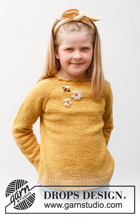 Bee Season Jumper / DROPS Children 40-1 - Pull enfant tricoté de haut en bas en DROPS Soft Tweed, avec emmanchures raglan, abeille et fleurs brodées. Du 3 au 14 ans.