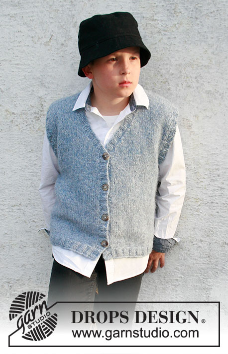 Spring Creek Vest / DROPS Children 40-25 - Stickad väst till barn i DROPS Air. Arbetet stickas i slätstickning med v-hals och kanter i resår. Storlek 3 till 14 år.