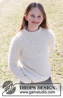 Forest Vines Kids / DROPS Children 40-7 - Gebreide trui voor kinderen in DROPS Alpaca en DROPS Kid-Silk. Het werk wordt van boven naar beneden gebreid met dubbele hals, ronde pas en structuurpatroon met steken in Patentsteek op de pas. Maten 2 tot 12 jaar.
