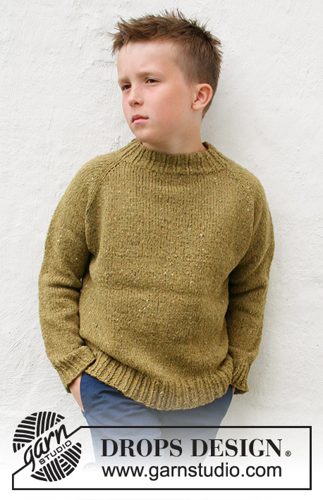 Just in Tweed / DROPS Children 40-9 - Strikket bluse til børn i DROPS Soft Tweed. Arbejdet strikkes oppefra og ned med raglan. Størrelse 3-14 år.