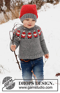 Merry Santas / DROPS Children 41-1 - Strikket genser / julegenser og lue / nisselue til barn i DROPS Air. Genseren strikkes ovenfra og ned, med rundfelling og julenisse mønster. Luen strikkes i glattstrikk med vrangbord. Størrelse 2 - 14 år. Tema: Jul.