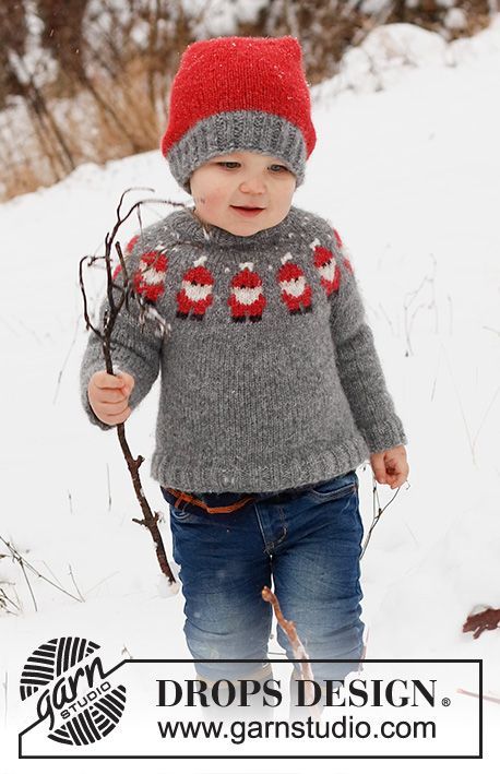 Merry Santas / DROPS Children 41-1 - Strikket genser / julegenser og lue / nisselue til barn i DROPS Air. Genseren strikkes ovenfra og ned, med rundfelling og julenisse mønster. Luen strikkes i glattstrikk med vrangbord. Størrelse 2 - 14 år. Tema: Jul.