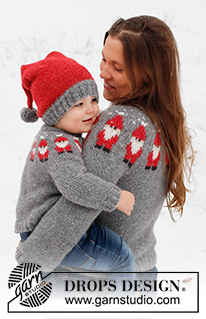 Merry Santas / DROPS Children 41-1 - Strikket genser / julegenser og lue / nisselue til barn i DROPS Air. Genseren strikkes ovenfra og ned, med rundfelling og julenisse mønster. Luen strikkes i glattstrikk med vrangbord. Størrelse 2 - 14 år. Tema: Jul.