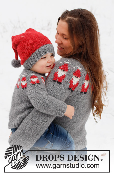 Merry Santas / DROPS Children 41-1 - Strikket genser / julegenser og lue / nisselue til barn i DROPS Air. Genseren strikkes ovenfra og ned, med rundfelling og julenisse mønster. Luen strikkes i glattstrikk med vrangbord. Størrelse 2 - 14 år. Tema: Jul.