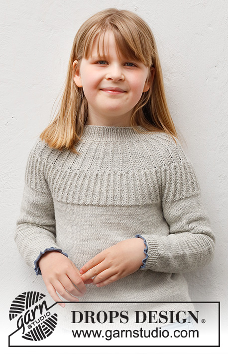 Hermine / DROPS Children 41-14 - Strikket bluse til børn i DROPS Alpaca. Arbejdet strikkes oppefra og ned med rundt bærestykke, strukturmønster og patentmasker på bærestykket. Størrelse 2 til 12 år.