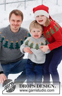 Merry Trees / DROPS Children 41-17 - Strikket Julebluse og Nissehue til børn i DROPS Air. Blusen strikkes oppefra og ned, med rundt bærestykke og juletræer. Huen strikkes i glatstrik med rib. Størrelse 2 - 14 år. Tema: Jul.