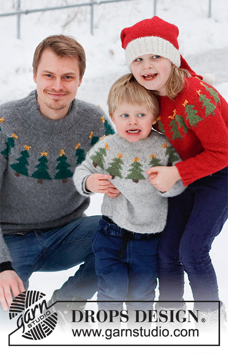 Merry Trees / DROPS Children 41-17 - Strikket Julebluse og Nissehue til børn i DROPS Air. Blusen strikkes oppefra og ned, med rundt bærestykke og juletræer. Huen strikkes i glatstrik med rib. Størrelse 2 - 14 år. Tema: Jul.