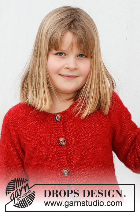 Red Hibiscus Jacket / DROPS Children 41-6 - Knitted jacket for children in DROPS Air. The piece is worked top down with round yoke. Sizes 3 – 12 years.
