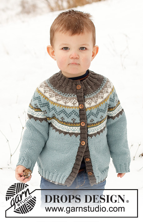 Edge of the Woods Jacket / DROPS Children 41-7 - Strikket jakke til børn i DROPS Merino Extra Fine. Arbejdet strikkes oppefra og ned med rundt bærestykke og nordisk mønster. Størrelse 2 - 12 år