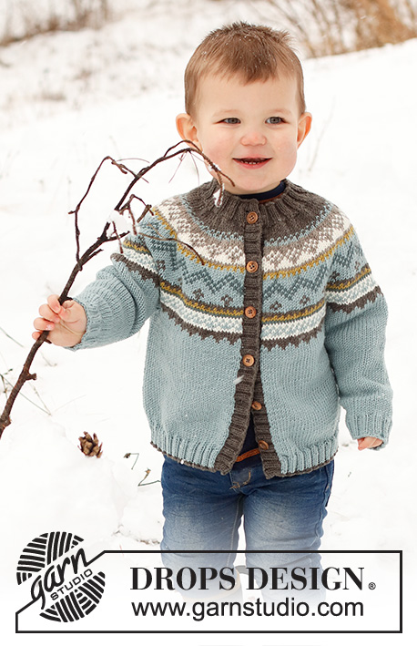 Edge of the Woods Jacket / DROPS Children 41-7 - Strikket jakke til børn i DROPS Merino Extra Fine. Arbejdet strikkes oppefra og ned med rundt bærestykke og nordisk mønster. Størrelse 2 - 12 år