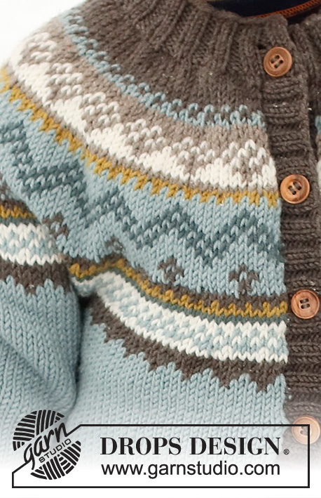 Edge of the Woods Jacket / DROPS Children 41-7 - Strikket jakke til børn i DROPS Merino Extra Fine. Arbejdet strikkes oppefra og ned med rundt bærestykke og nordisk mønster. Størrelse 2 - 12 år