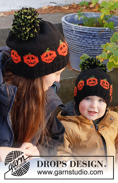 Pumpkin Bits Hat / DROPS Children 44-10 - Gorro tricotado para criança com jacquard de abóboras, em DROPS Nepal. Tamanhos : 2 - 12 anos. Tema: Halloween.