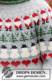 Christmas Time Sweater / DROPS Children 44-14 - Stickad tröja till barn i DROPS Karisma. Arbetet stickas uppifrån och ner med runt ok och flerfärgat mönster med tomte, gran och hjärta. Storlek 2 – 14 år. Tema: Jul.