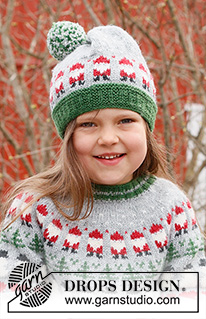 Santa Time Hat / DROPS Children 44-15 - Prjónuð húfa fyrir börn úr DROPS Karisma. Stykkið er prjónað neðan frá og upp í marglitu mynstri með jólasveinum. Stærð 2 – 14 ára. Þema: Jól.