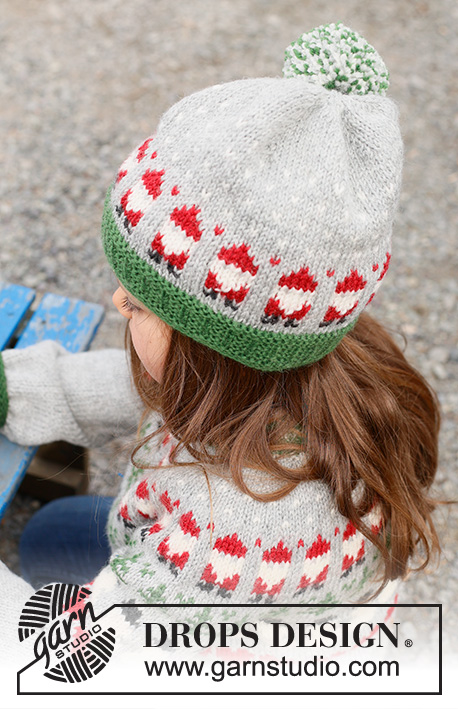 Santa Time Hat / DROPS Children 44-15 - Prjónuð húfa fyrir börn úr DROPS Karisma. Stykkið er prjónað neðan frá og upp í marglitu mynstri með jólasveinum. Stærð 2 – 14 ára. Þema: Jól.