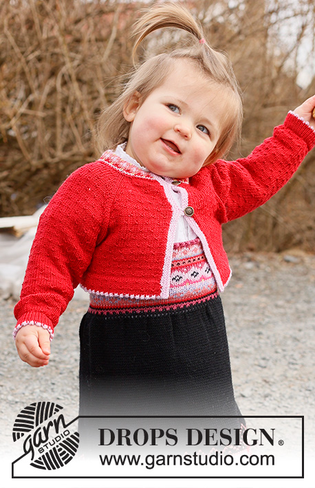 Hipp Hipp Hurra Jacket / DROPS Children 44-2 - Strikket kort jakke til baby og barn med raglan i DROPS BabyMerino. Arbeidet strikkes ovenfra og ned med nordisk mønster. Størrelse 6 mnd – 6 år.