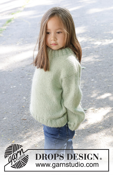 Sweet Peppermint / DROPS Children 47-12 - Strikket genser til barn i DROPS Alpaca og DROPS Kid-Silk. Arbeidet strikkes ovenfra og ned med europeisk skulder / skrå skulder, glattstrikk og dobbel halskant. Størrelse 2 – 12 år.